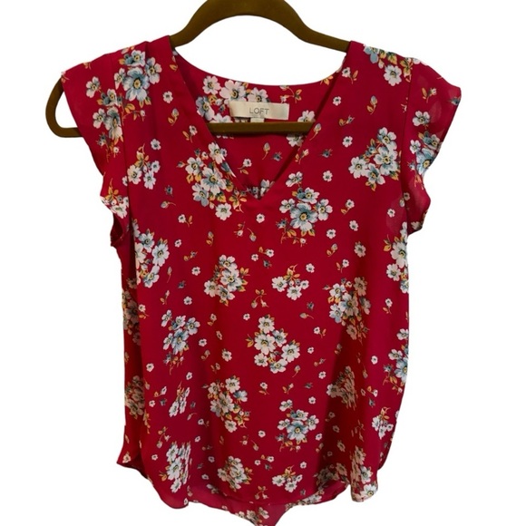 Loft Red and White Floral Ruffled Sleeve Blouse - Picture 1 of 7